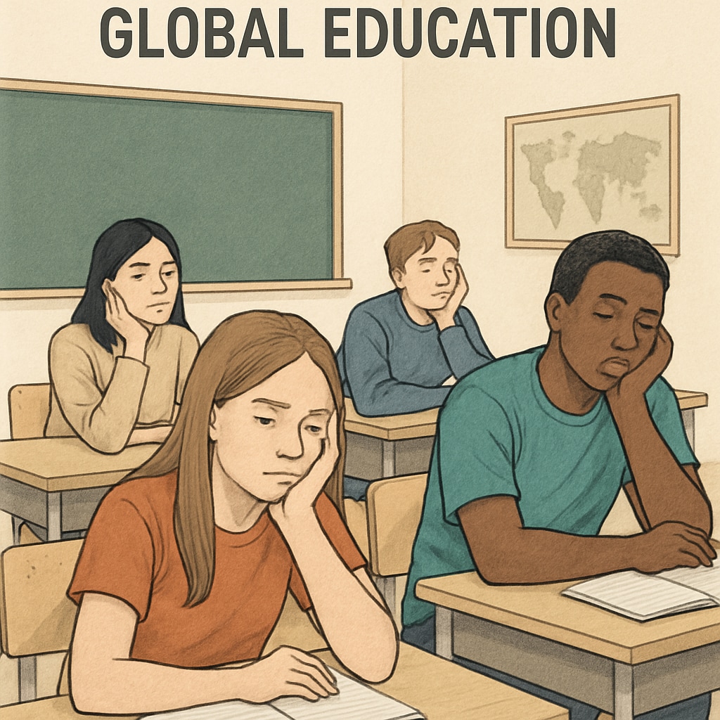 A classroom with disengaged students, illustrating the concept of boredom in global education Students appearing disengaged in a classroom, representing classroom boredom in K-12 education