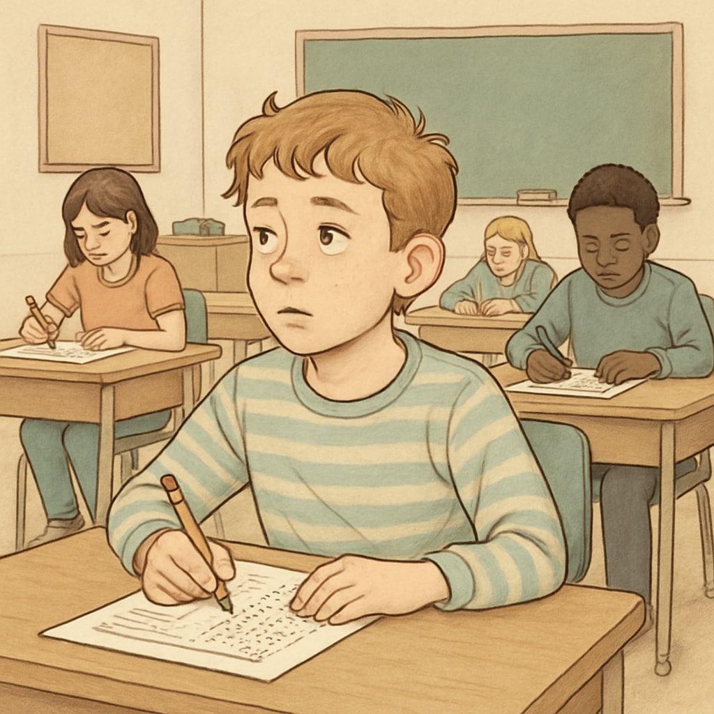 A classroom setting featuring students taking a standardized test, with focus on one student who appears distracted, highlighting ADHD-related challenges. A distracted student in a standardized testing environment, illustrating ADHD challenges in gifted education.