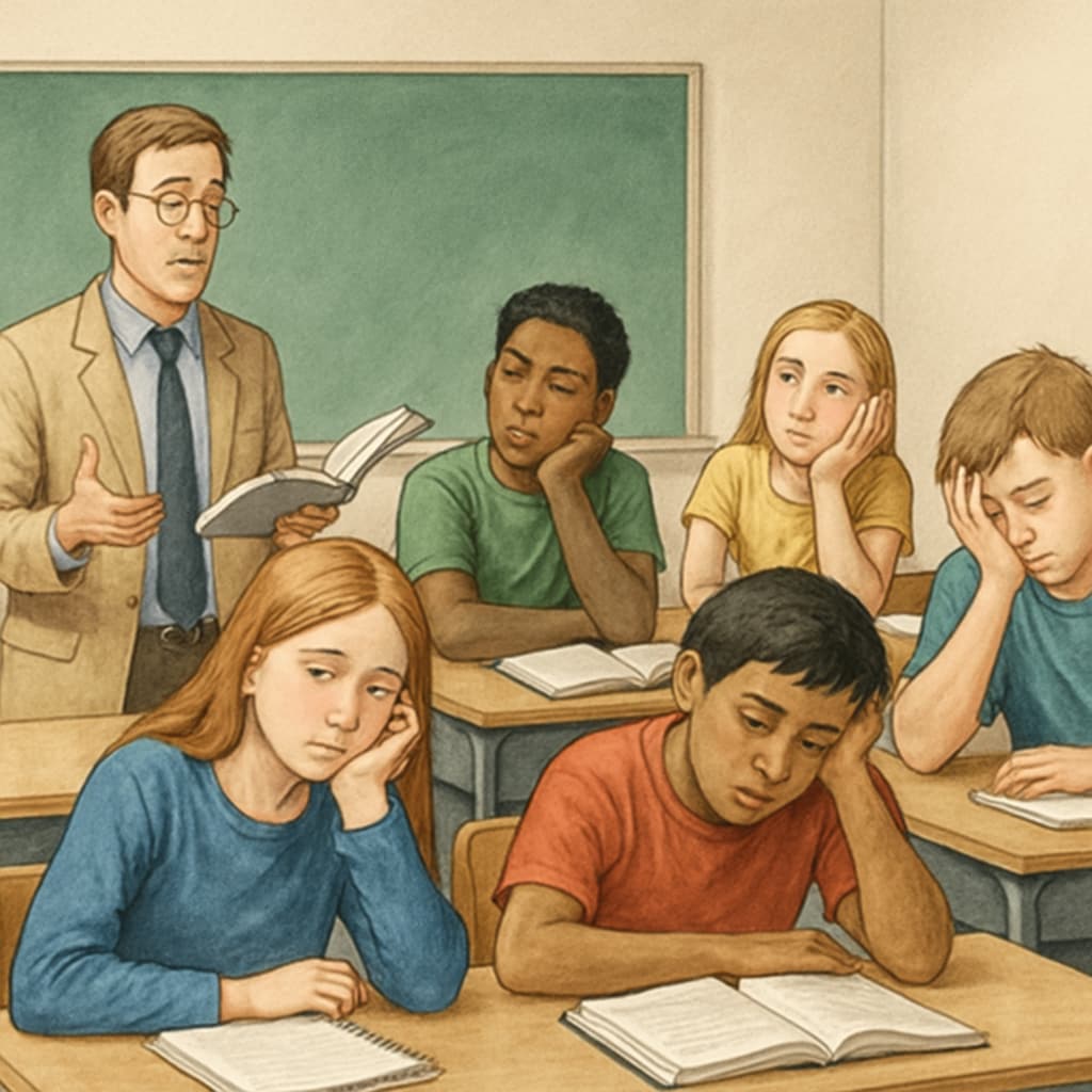 A classroom showing disengaged students during a lecture, representing global classroom boredom. Classroom boredom represented by students disengaged during a lecture.