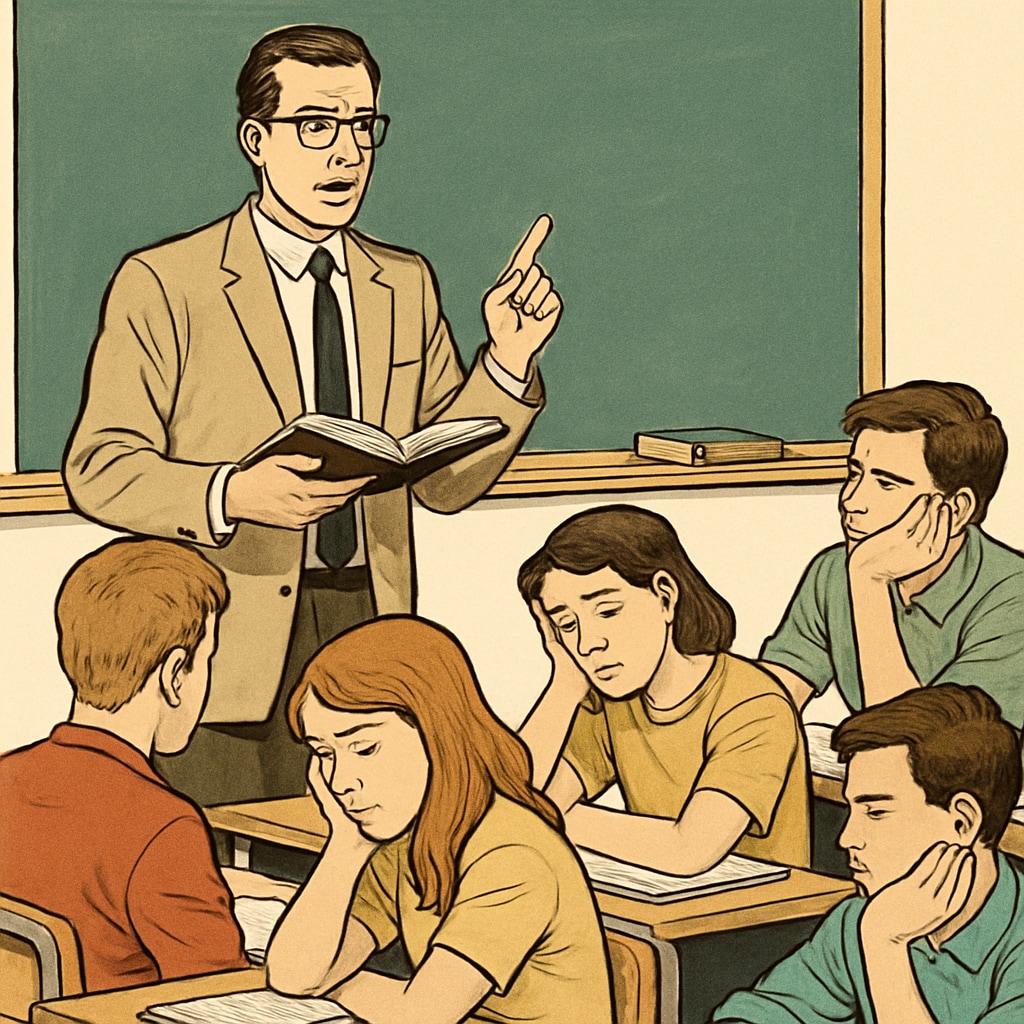 A teacher delivering a lecture-style class to an unresponsive group of students, illustrating traditional teaching methods. Traditional teaching methods contributing to student boredom in classrooms globally.