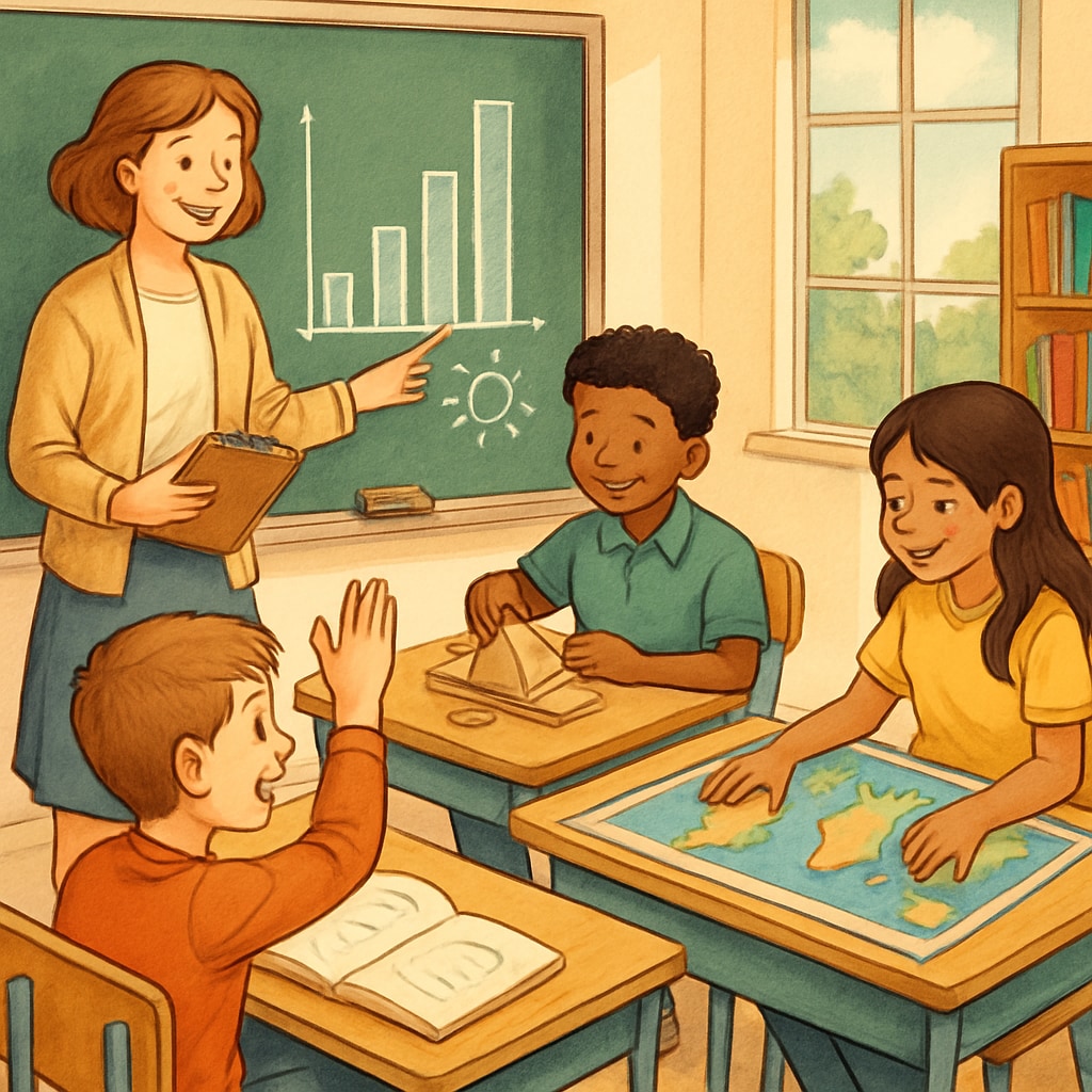 A teacher engaging with students through interactive activities, symbolizing efforts to combat boredom A teacher actively engaging students with hands-on activities to combat boredom in classrooms