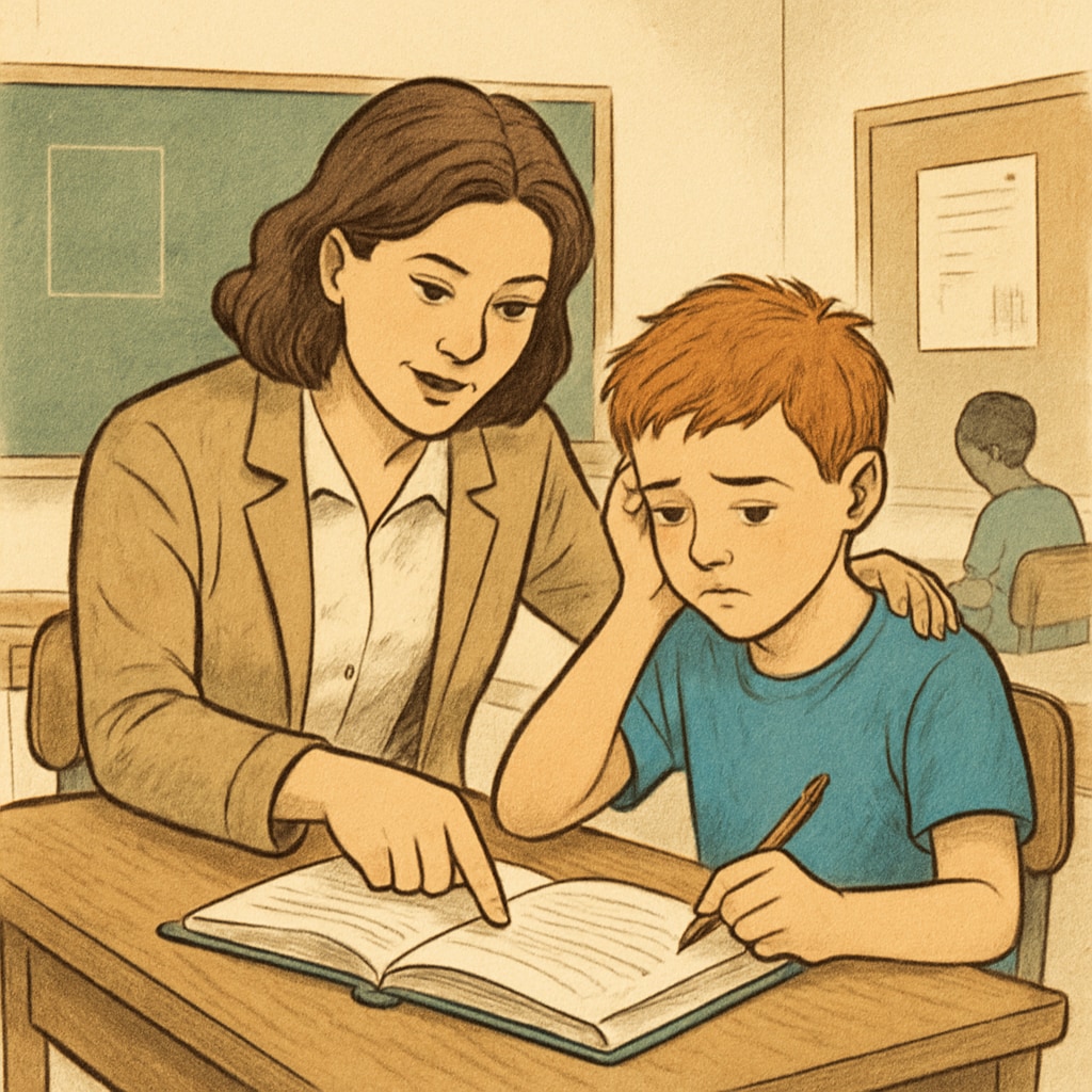 A teacher engaging with a student in a one-on-one session, symbolizing personalized support and inclusive education for ADHD students. A teacher offering individualized education to a student with ADHD, emphasizing inclusivity.