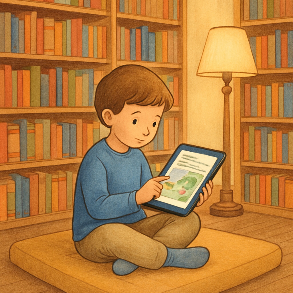 A child using a tablet to read a story in a library setting, related to children's reading apps.