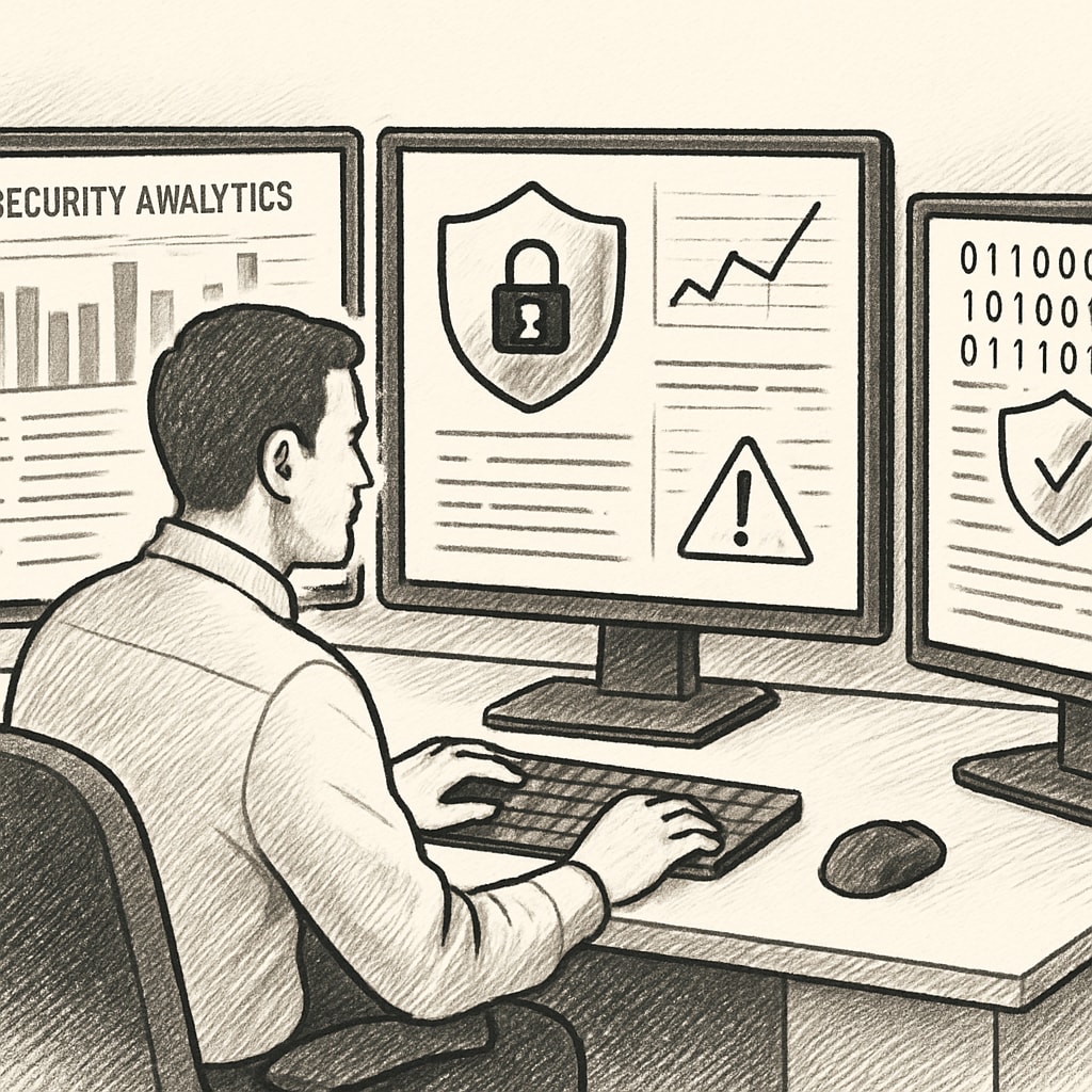 A professional working on cybersecurity tasks, with multiple computer screens displaying security analytics. Cybersecurity professional analyzing data on multiple screens.
