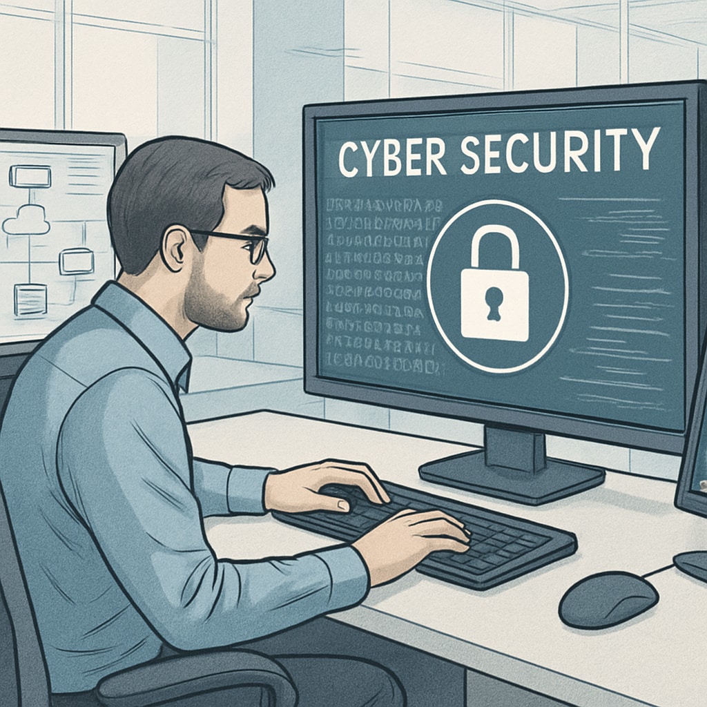 A professional cybersecurity engineer working on a secure network in a modern office, symbolizing the importance of skills over university reputation. Cybersecurity engineer demonstrating technical skills over university reputation.