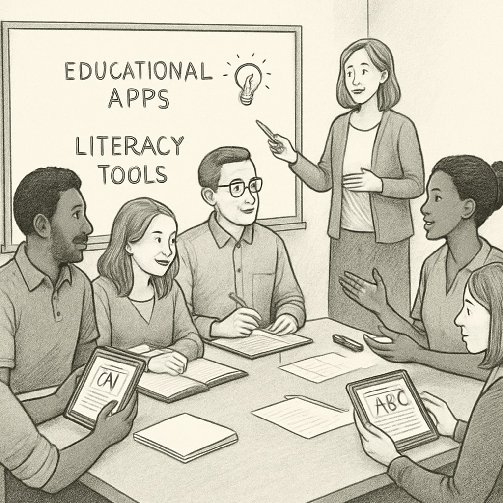 Parents and teachers discussing educational apps in a workshop, linked to app testing roles.