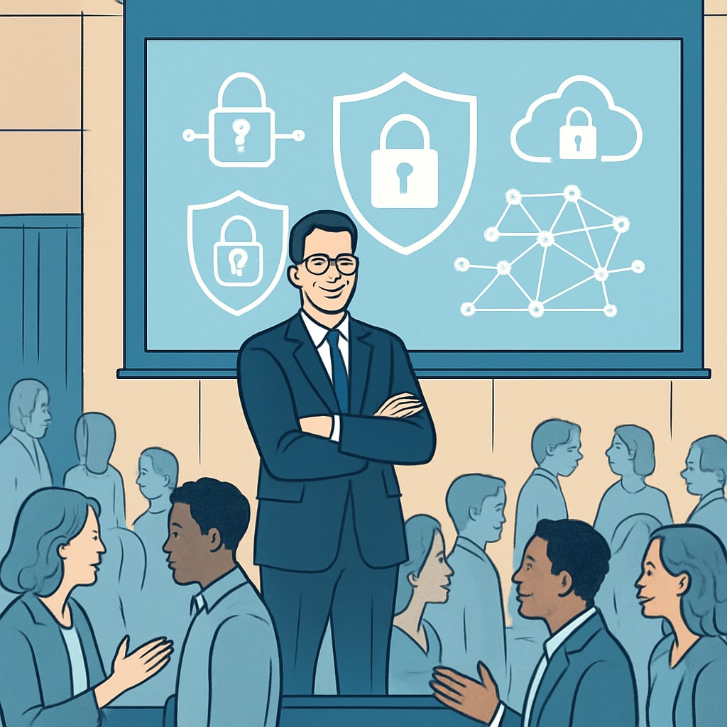 A cybersecurity professional presenting at a tech conference, emphasizing networking opportunities. Cybersecurity expert presenting at a conference about networking opportunities.