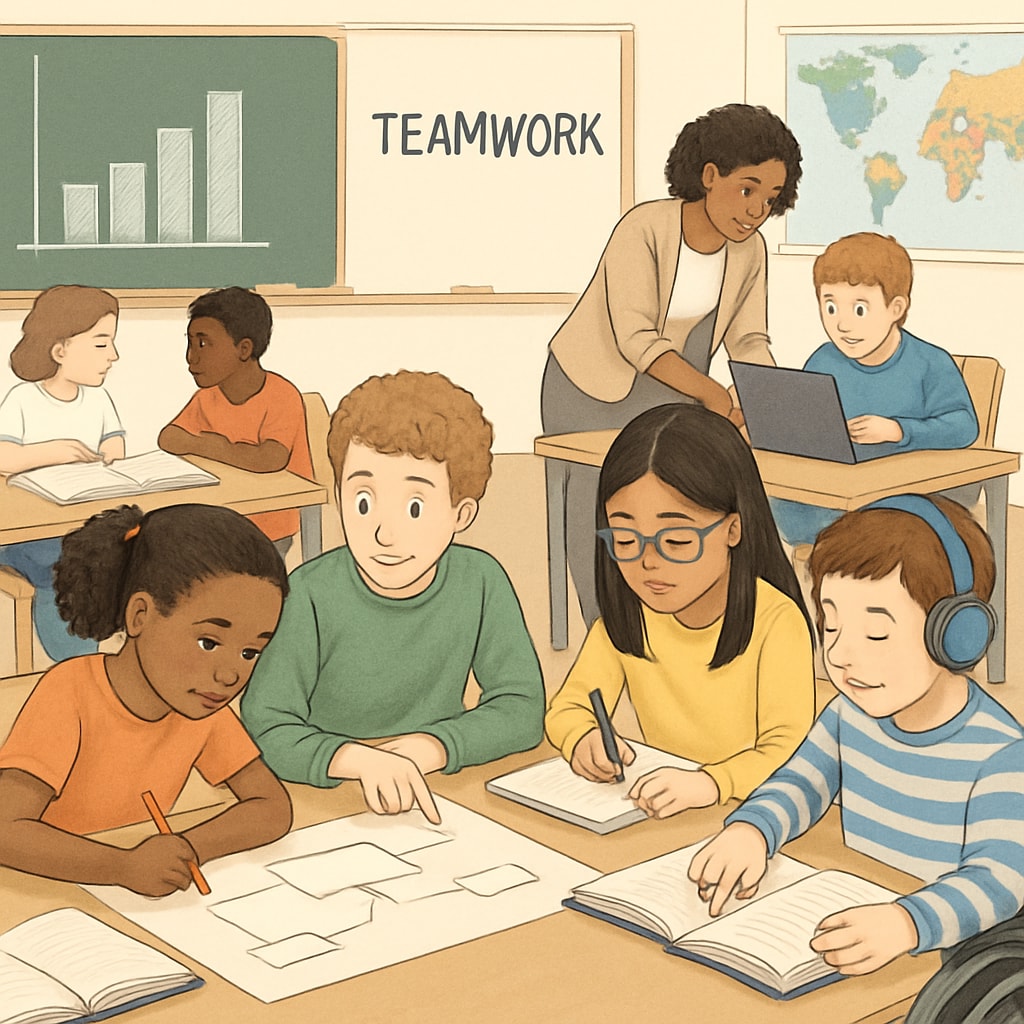 A classroom with students working collaboratively on projects, showcasing diverse learning styles and interactive learning methods. Students working on collaborative projects in a classroom setting.