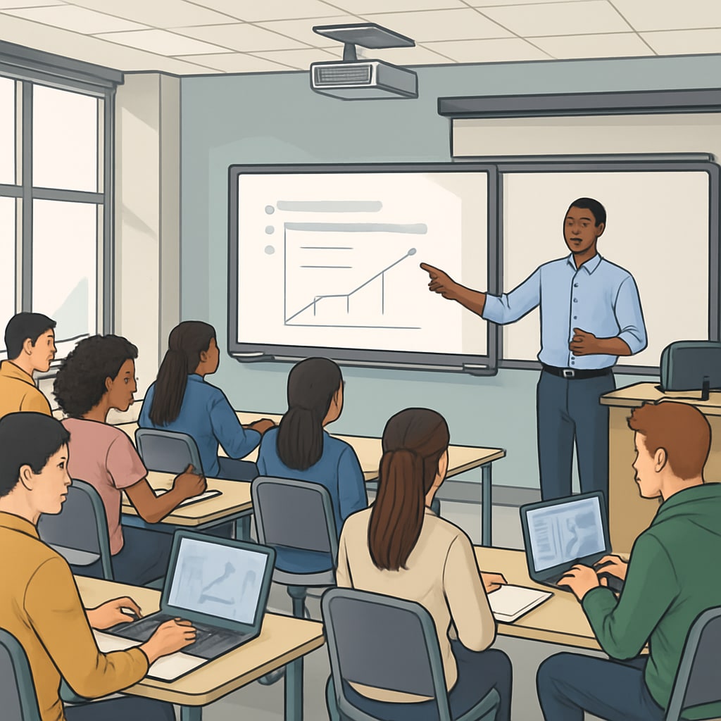 Diverse classroom environment in a U.S. university with advanced teaching equipment.