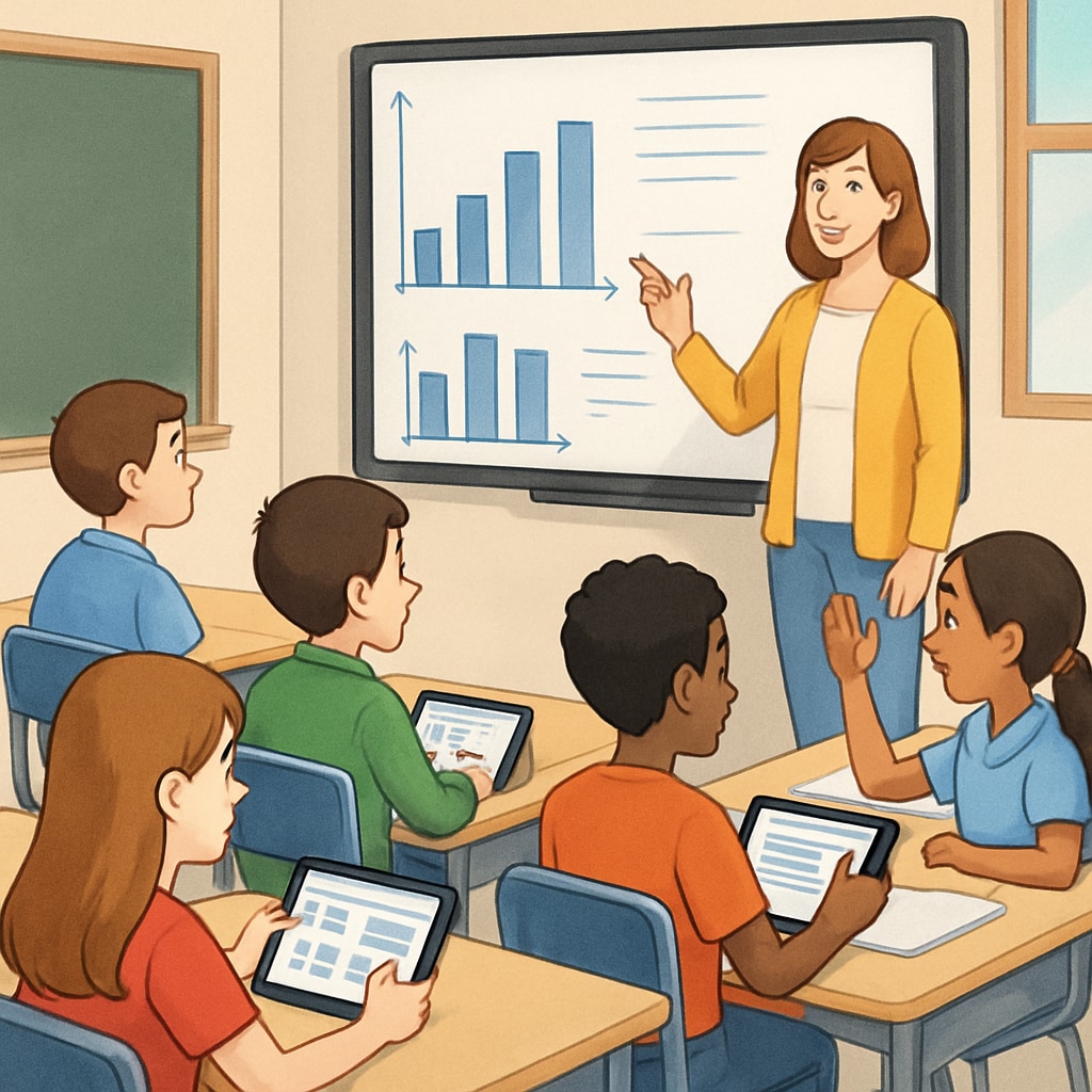 A classroom setting where students are using technology for interactive learning, such as tablets or smart boards. Interactive learning in a classroom setting using educational technology