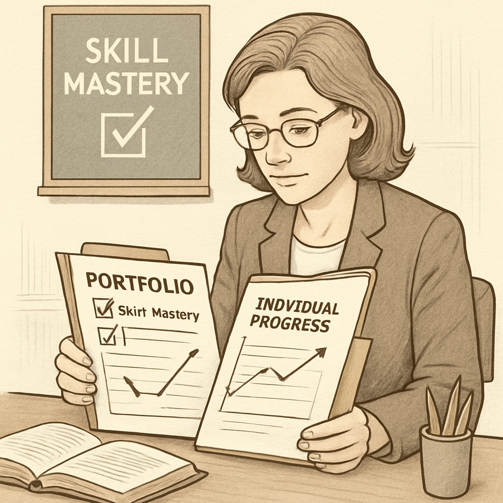 A teacher reviewing a student’s portfolio, focusing on skill mastery and individual progress. Teacher assessing a student’s portfolio to evaluate competencies.