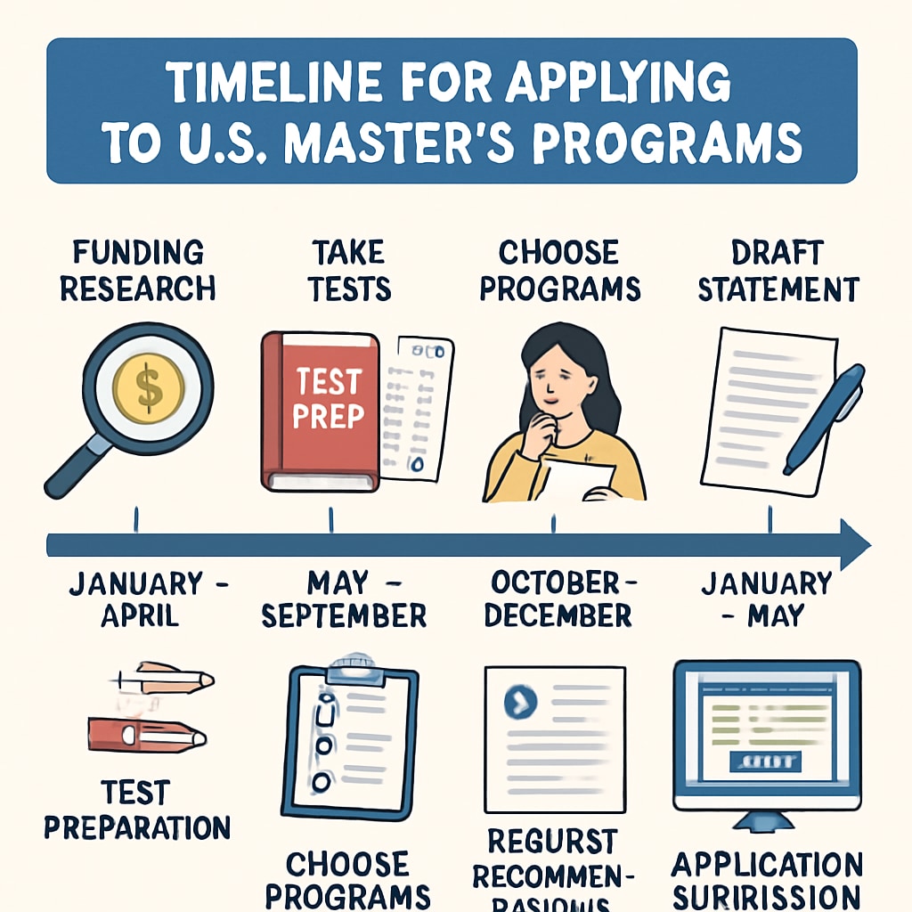Timeline infographic for applying to U.S. master's programs, emphasizing preparation and strategy.