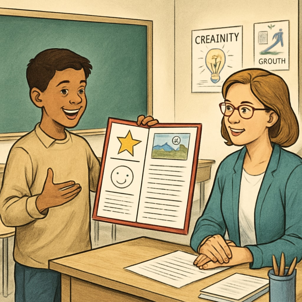A student presenting a portfolio to a teacher in a classroom environment, showcasing creativity and personal growth. Student portfolio presentation in K12 education