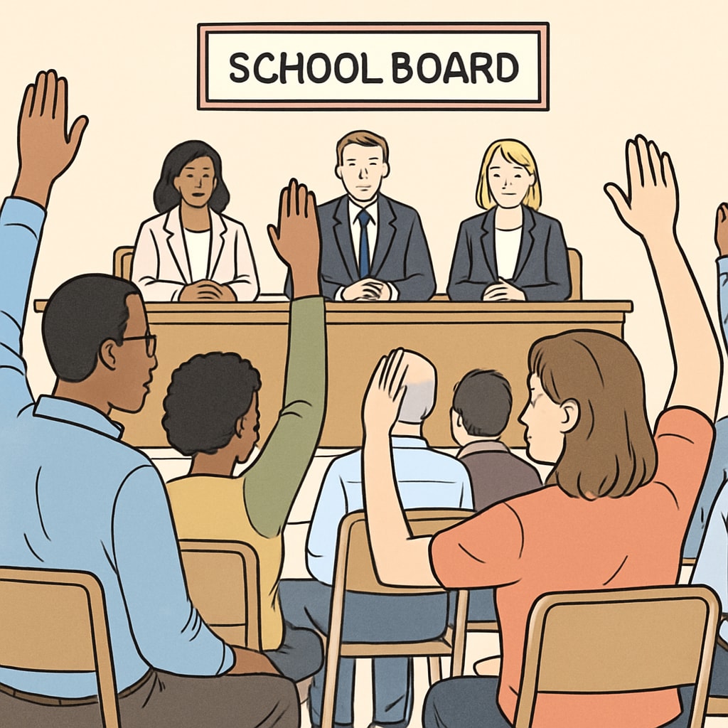 Community meeting addressing school board appointments and child safety concerns.