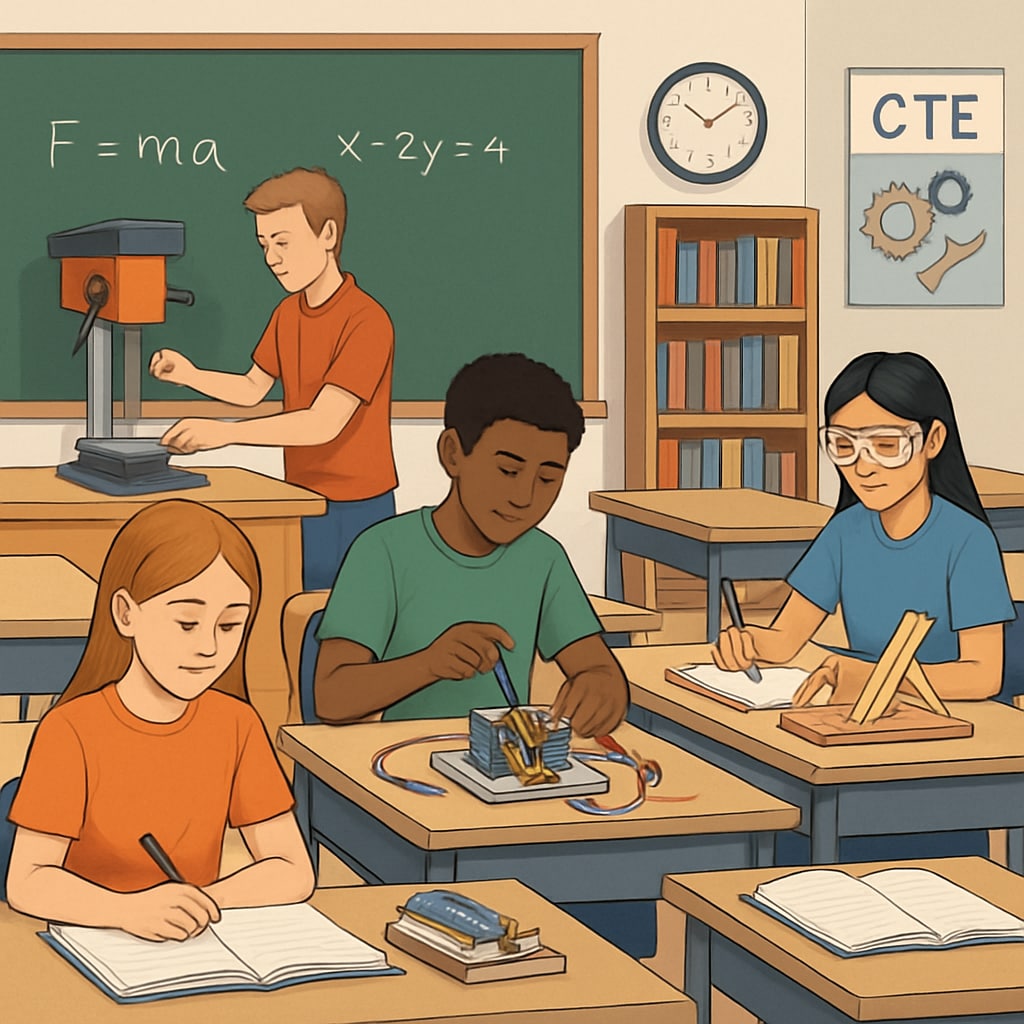A classroom with students working on technical projects alongside traditional academic materials, representing the integration of CTE and traditional subjects. Students integrating CTE and traditional subjects in a classroom setting