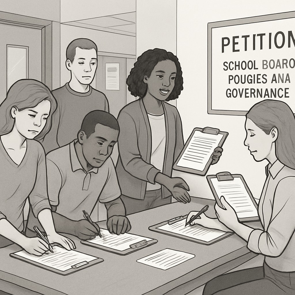 Parents signing a petition to address governance concerns in schools.