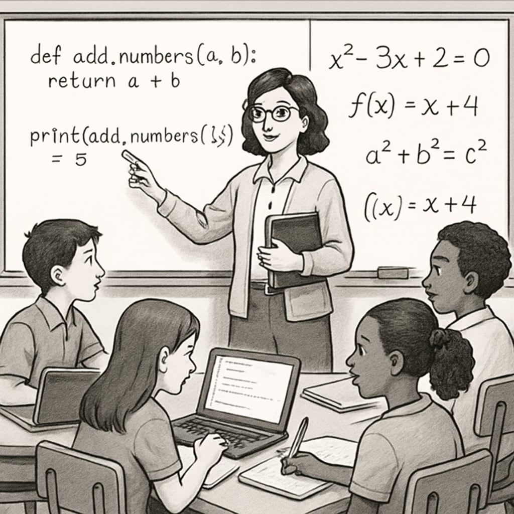 An educator teaching a class that combines CTE topics like coding with traditional subjects such as mathematics, showcasing interdisciplinary learning. Interdisciplinary learning combining CTE and traditional subjects