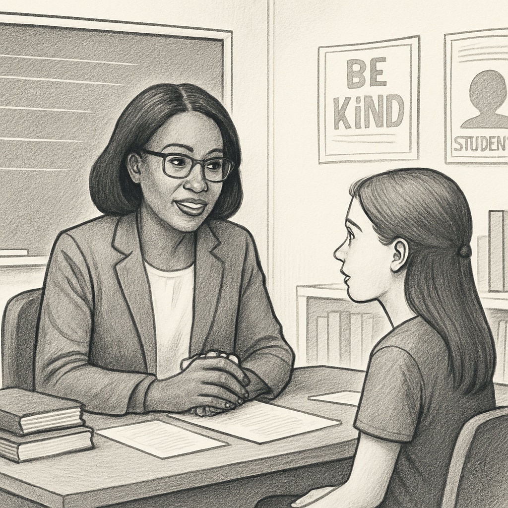 A professional school counselor speaking with a student in a classroom setting, illustrating their role in providing emotional and academic support. School counselor speaking with a student in a classroom setting.