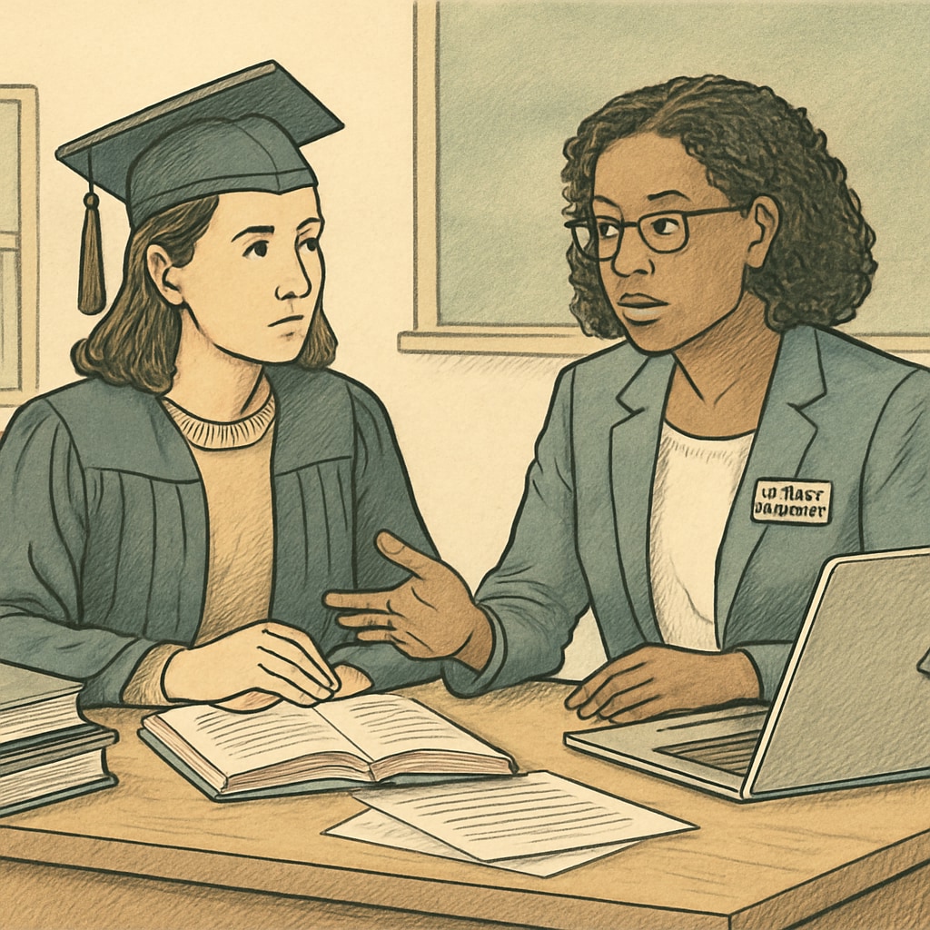 Graduate student interviewing a school counselor for research purposes.