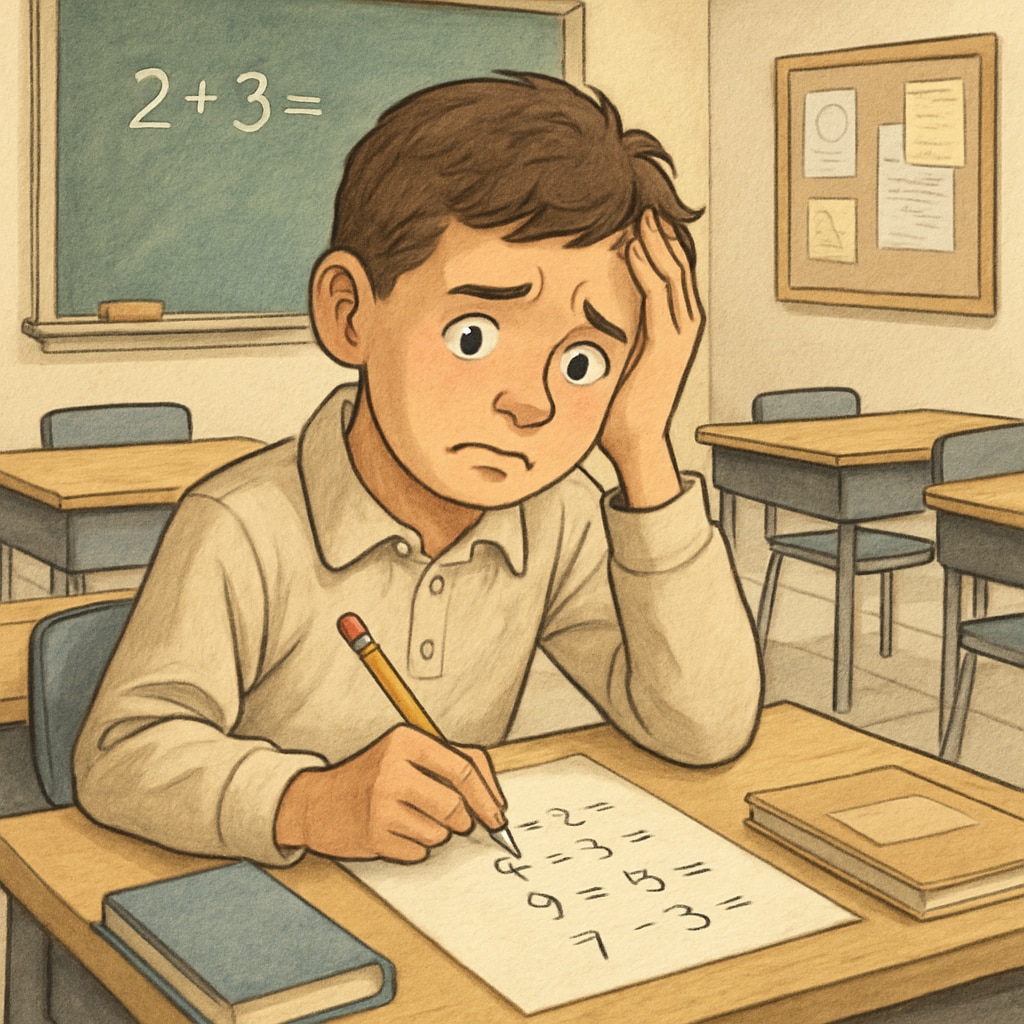 A student sitting at a desk, looking anxious while taking a math test in a classroom setting. An anxious student taking a math test, illustrating math test anxiety.