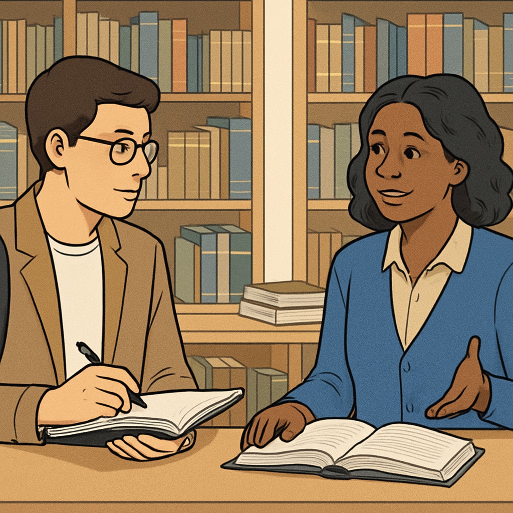 A graduate student conducting an interview with a school counselor in a library setting, highlighting the interaction between academic research and practical experience. Graduate student interviewing a school counselor in a library.