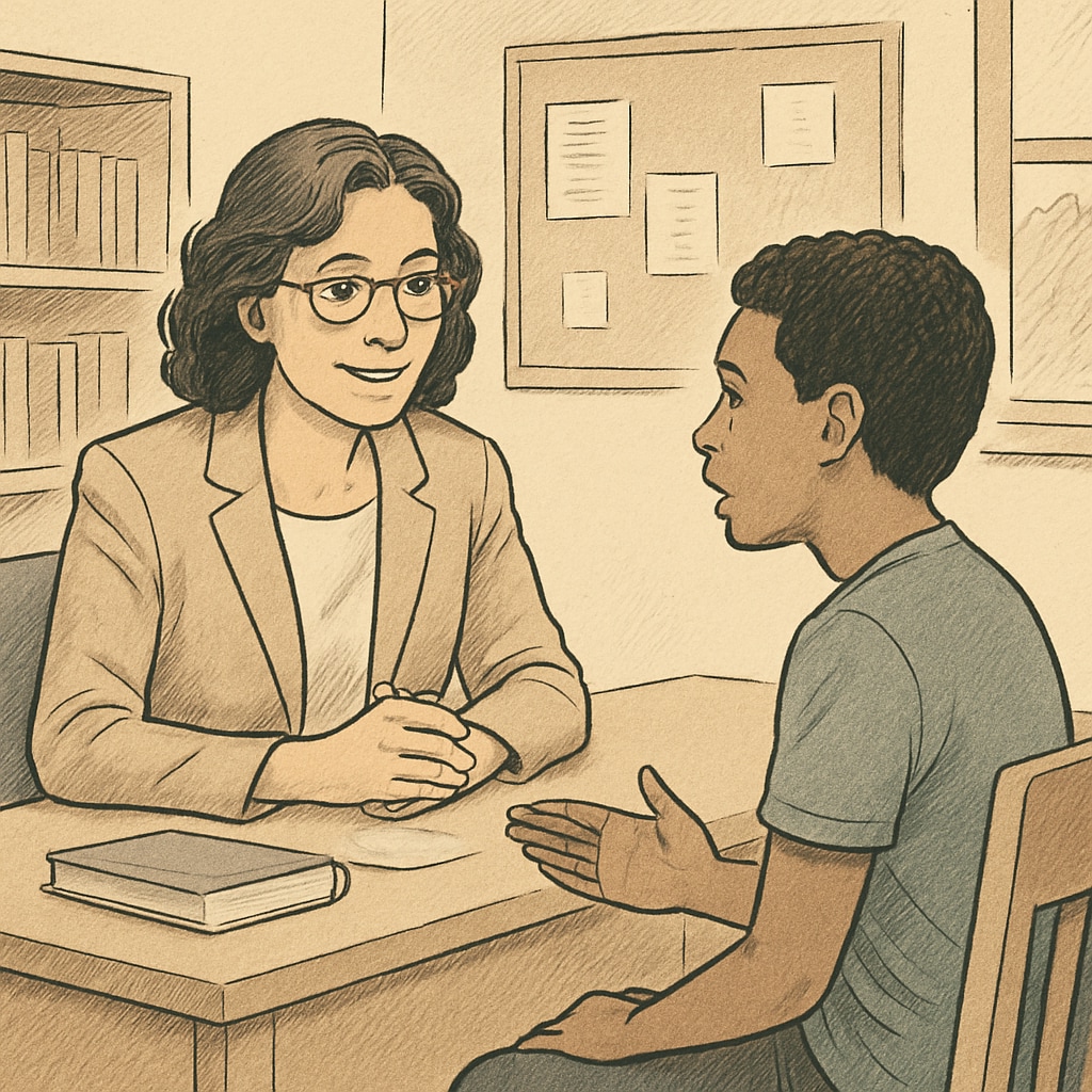 School counselor talking to a student at a desk