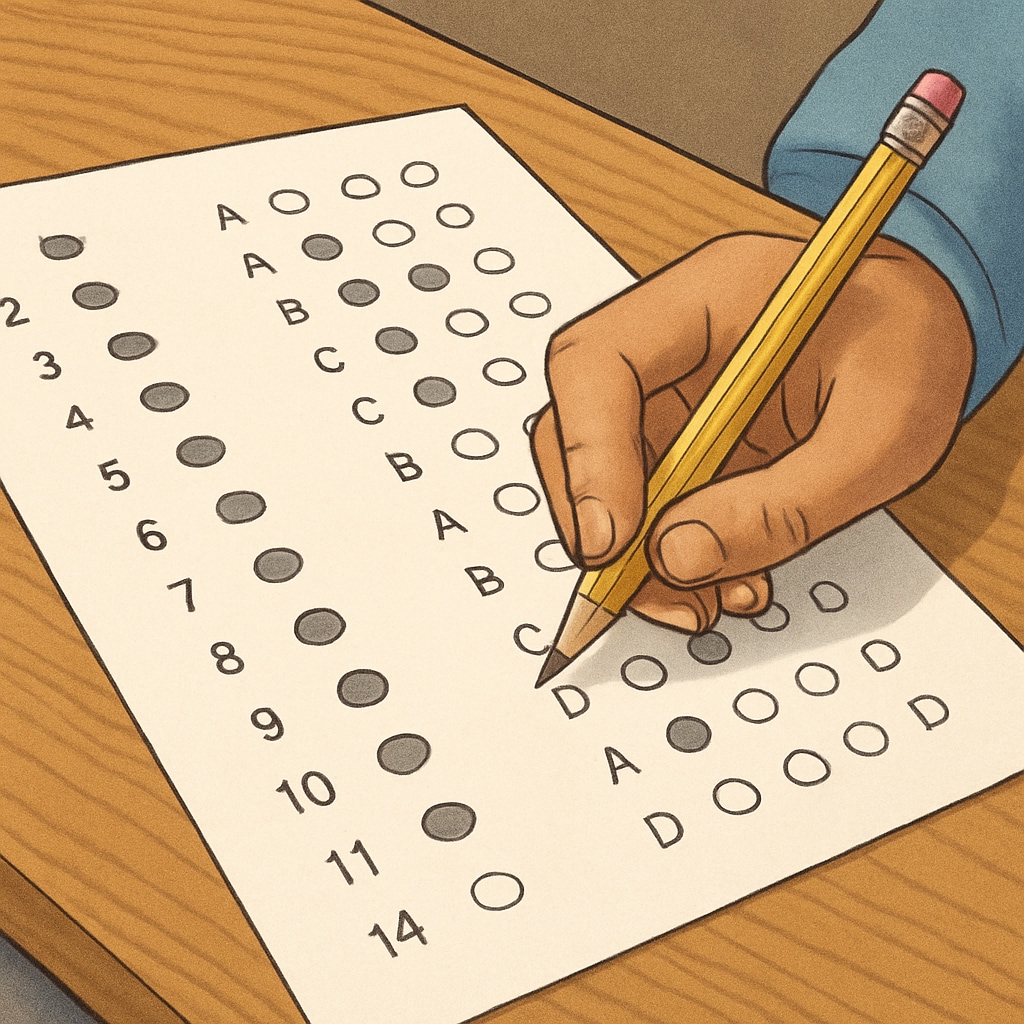 A close-up of a standardized test sheet with a student’s hand holding a pencil, hesitating over multiple-choice answers. A pencil hovering over multiple-choice answers, showing test anxiety in action.