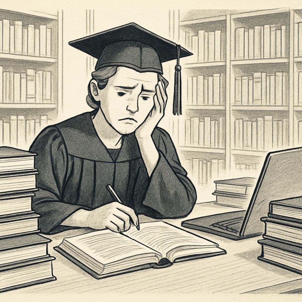 Frustrated graduate student with books and a laptop