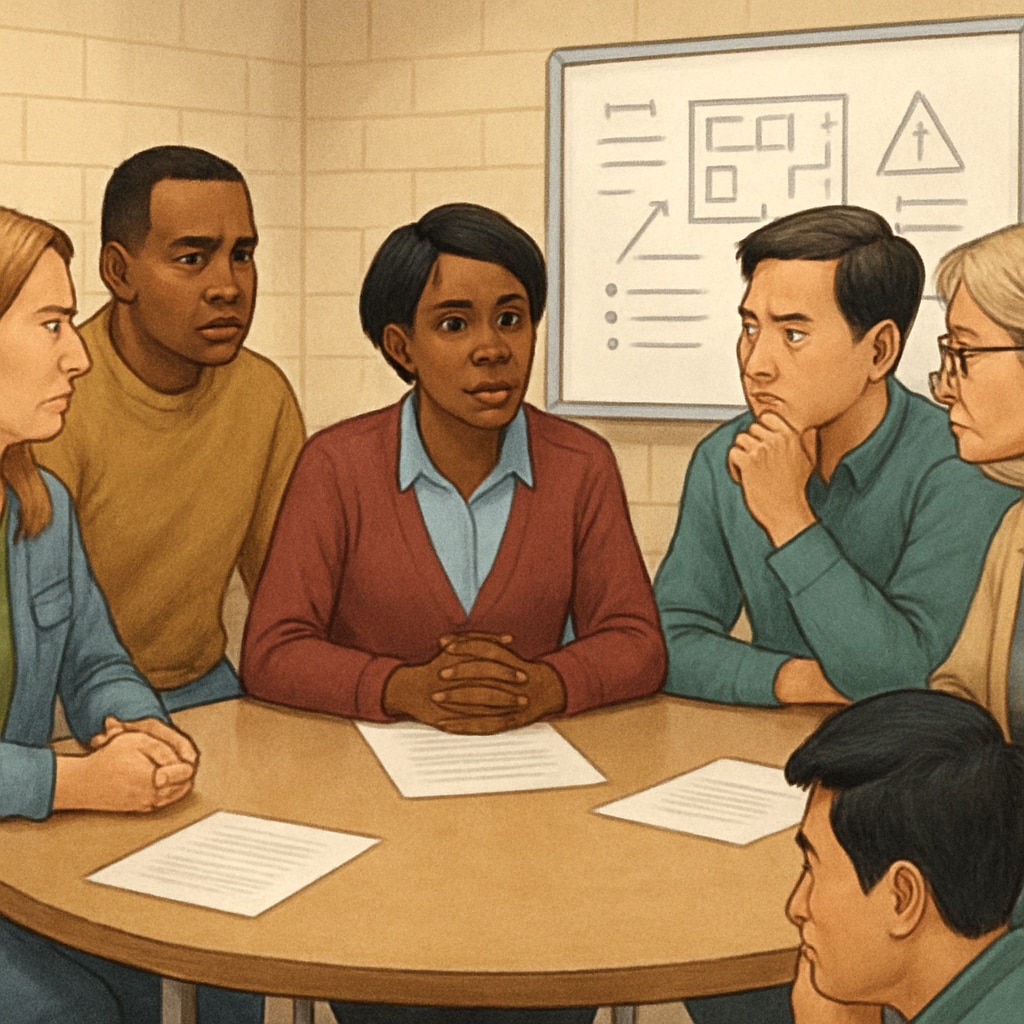 A concerned parent meeting with other community members to discuss school safety. Parents discussing strategies to address a school board member with a history of child abuse.