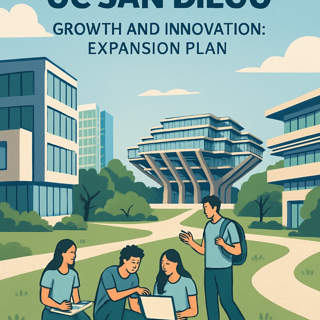 A view of UC San Diego's campus showcasing modern architecture and students interacting, symbolizing the growth and innovation resulting from the expansion plan. UC San Diego campus with modern architecture and interacting students, representing the university's expansion and innovation.
