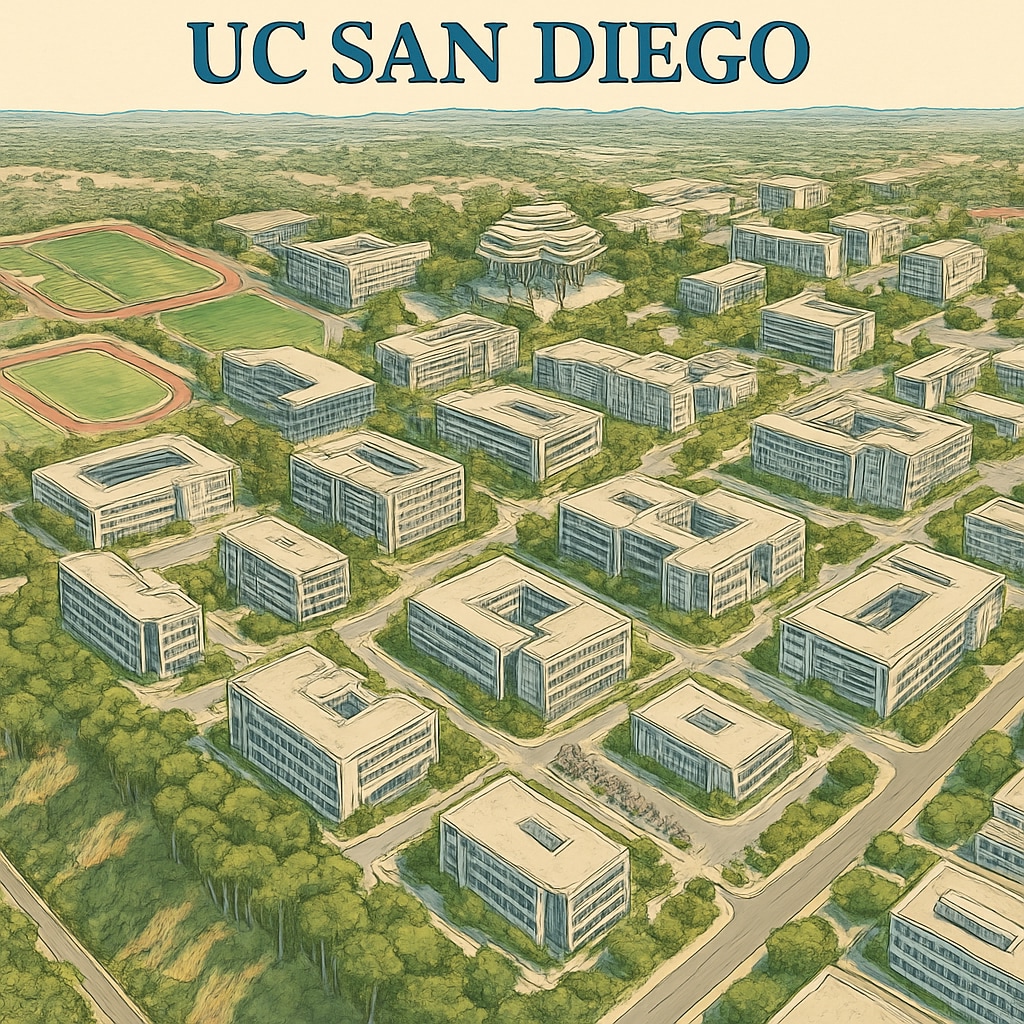 Aerial view of UC San Diego campus, showcasing its expansive facilities and growing infrastructure. UC San Diego campus infrastructure reflecting the university's expansion.