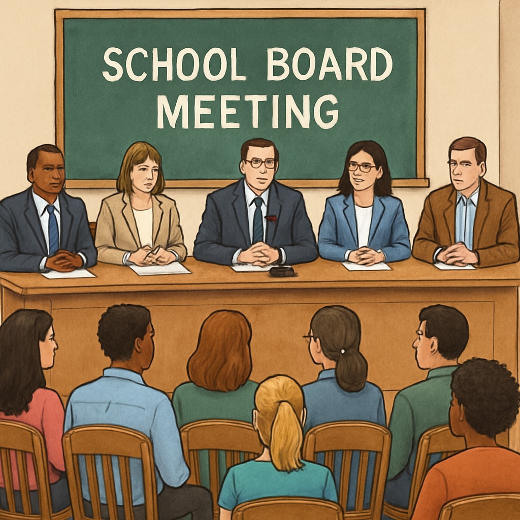 A school board meeting in progress, with parents observing from the audience. A school board meeting where community members are advocating for student safety.