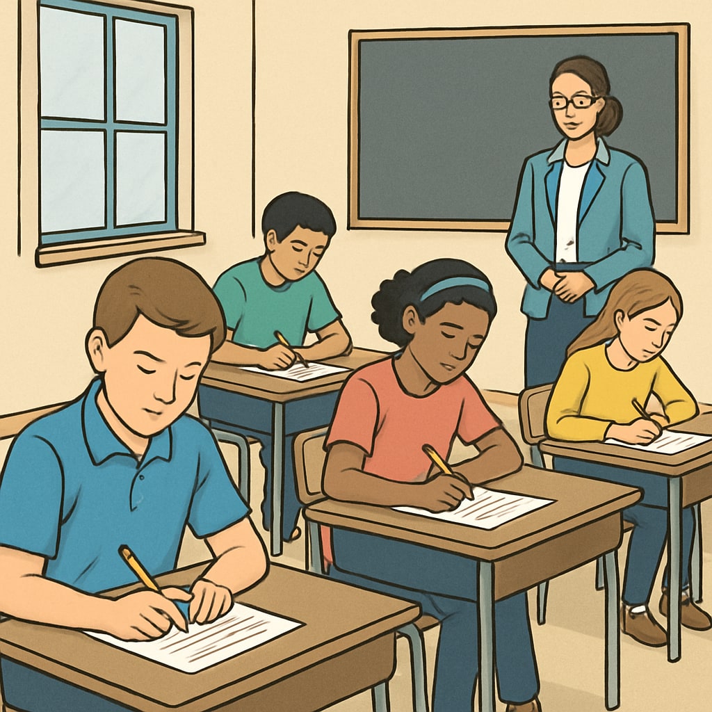 A classroom setting where students are actively engaged in taking a test, showcasing educational assessment practices. Students engaged in testing with educational assessment tools.