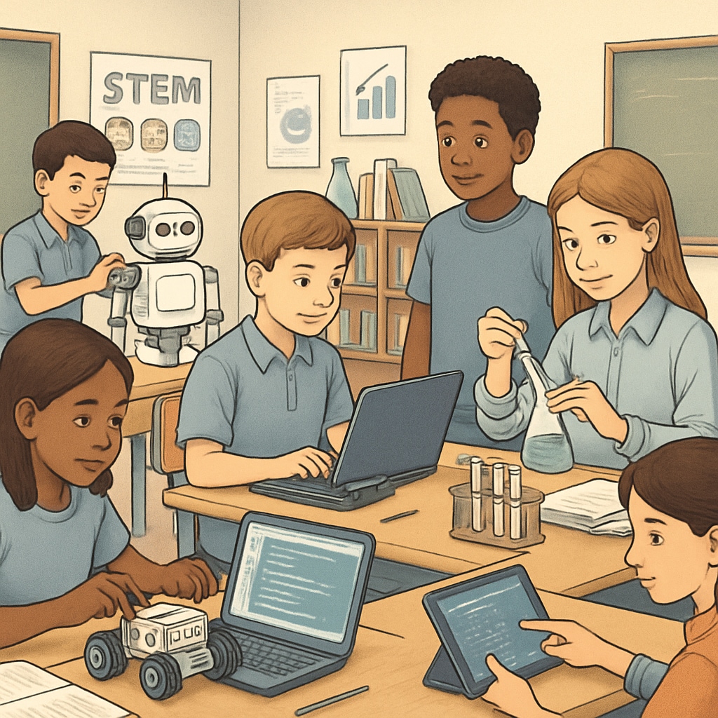 A classroom with students engaged in STEM activities, symbolizing K12 schools adapting their curriculum to meet the demands of higher education expansion. K12 students participating in STEM activities to prepare for higher education opportunities.