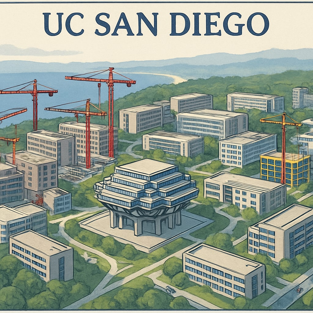 Aerial view of UC San Diego campus with new construction underway, symbolizing expansion efforts. UC San Diego campus expansion construction aerial view.