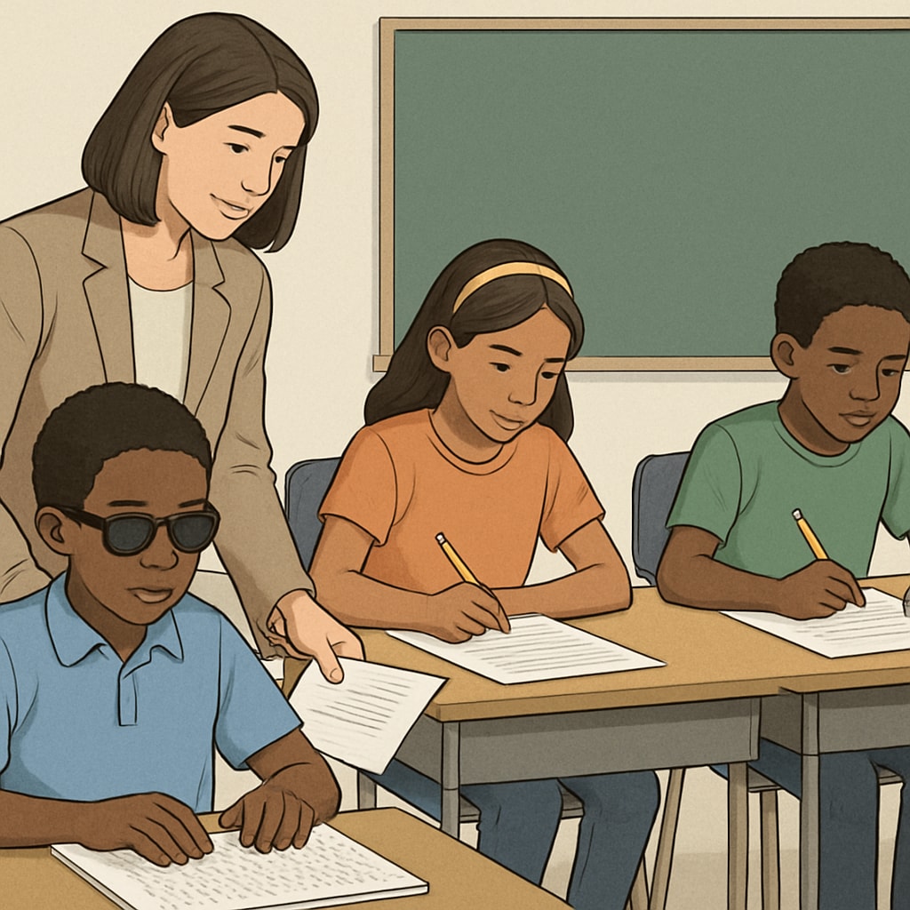 A teacher assisting a group of diverse students in a classroom during a test. This image highlights the importance of accessible and inclusive test resources. A teacher helping students in a classroom with test materials, emphasizing inclusivity.