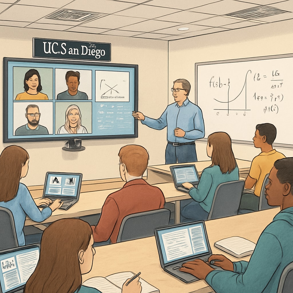 Students attending a lecture in a modern hybrid learning classroom at UC San Diego. UC San Diego students in a hybrid learning classroom.