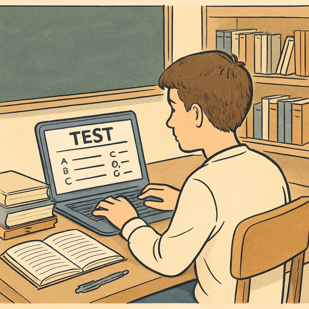 A student using a laptop with educational test software, demonstrating how digital tools enhance learning experiences. A student working on a laptop for an online test, showcasing modern educational tools.