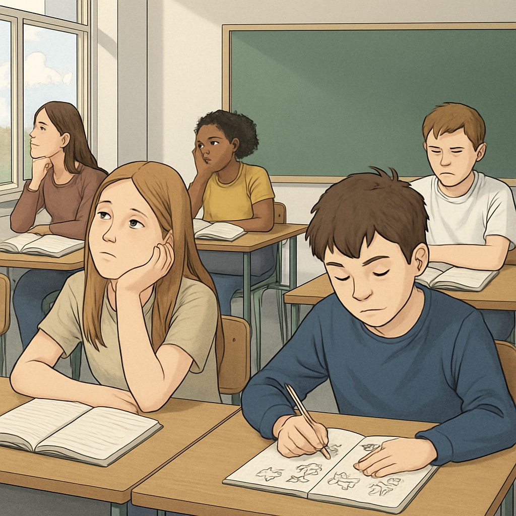 A classroom environment showing disengaged students, with some staring out the window and others doodling in notebooks. Students showing signs of boredom in a global K12 classroom environment.