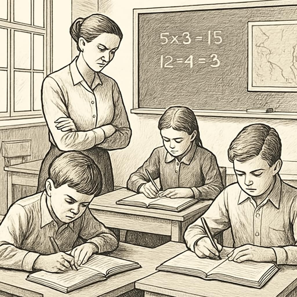 A classroom environment illustrating rigorous education methods, such as students intensely focused on their work, with a teacher providing strict guidance. Classroom showcasing rigorous education methods, with students under focused instruction.
