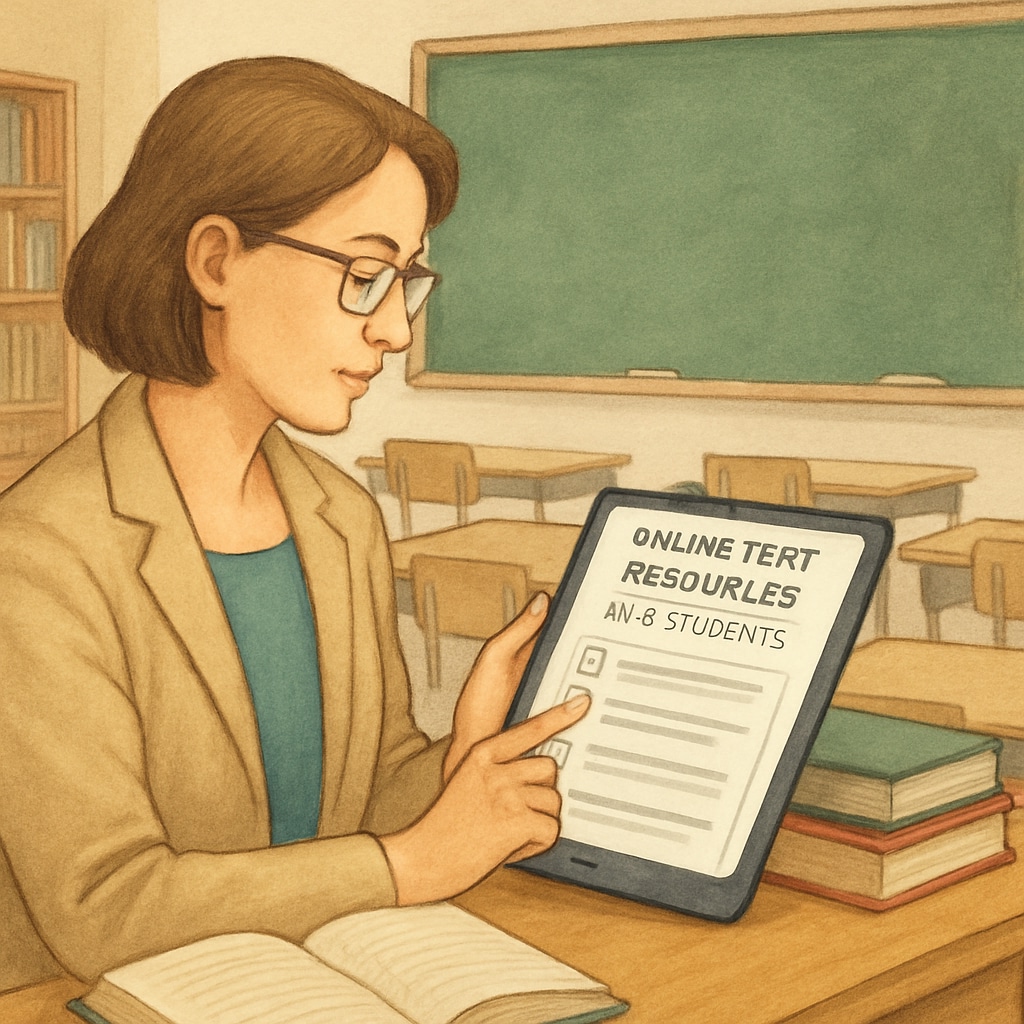 An educator reviewing online test resources suitable for K12 students on a tablet in a classroom setting. Educator reviewing test resources for students in a classroom.