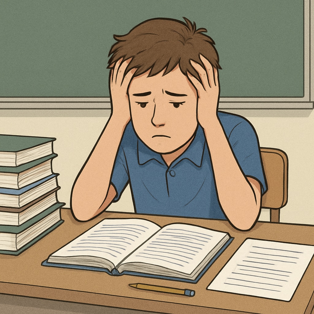 A frustrated student sitting at a desk, surrounded by textbooks and worksheets, reflecting disengagement. A student experiencing boredom and frustration in the classroom setting.