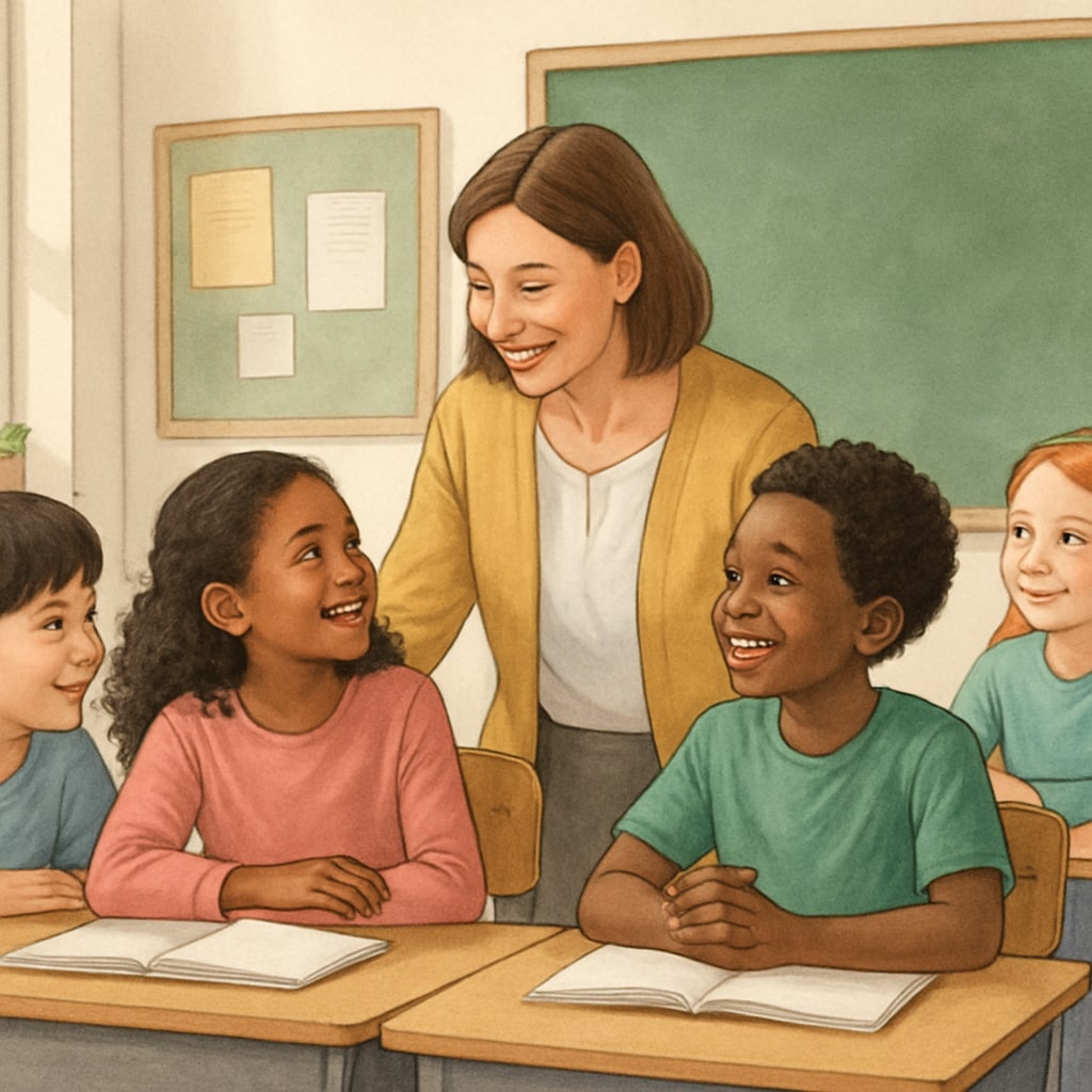 An image of a caring teacher interacting with students in a supportive classroom setting, highlighting the importance of emotional well-being in education. Supportive teacher engaging with students in a caring classroom.
