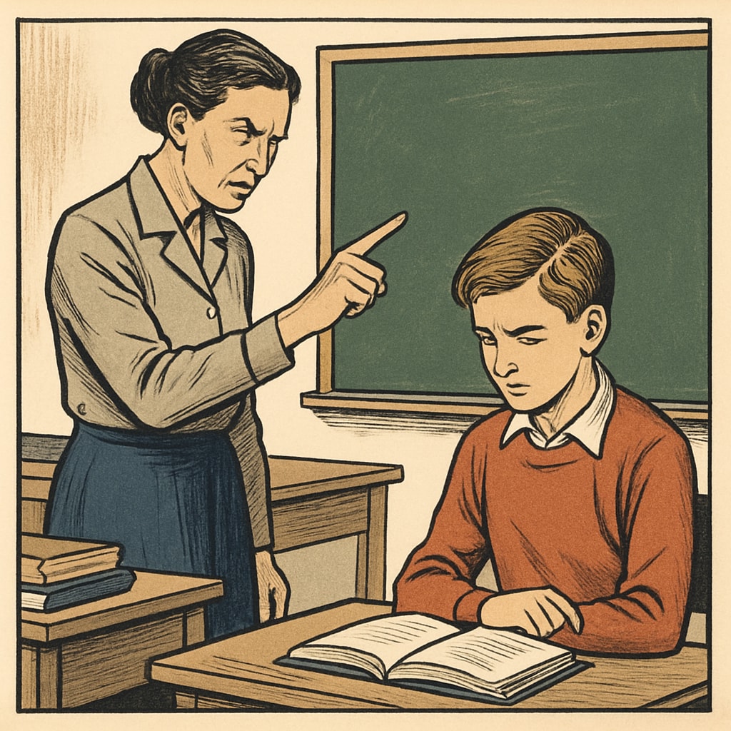 A teacher intensely instructing a student in a classroom setting, symbolizing strictness in education. Strict teaching methods in education extremes.