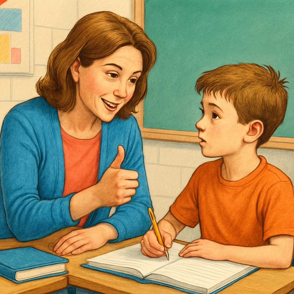 A teacher offering constructive feedback to a student, illustrating care in education. Balancing strictness with nurturing care in education.