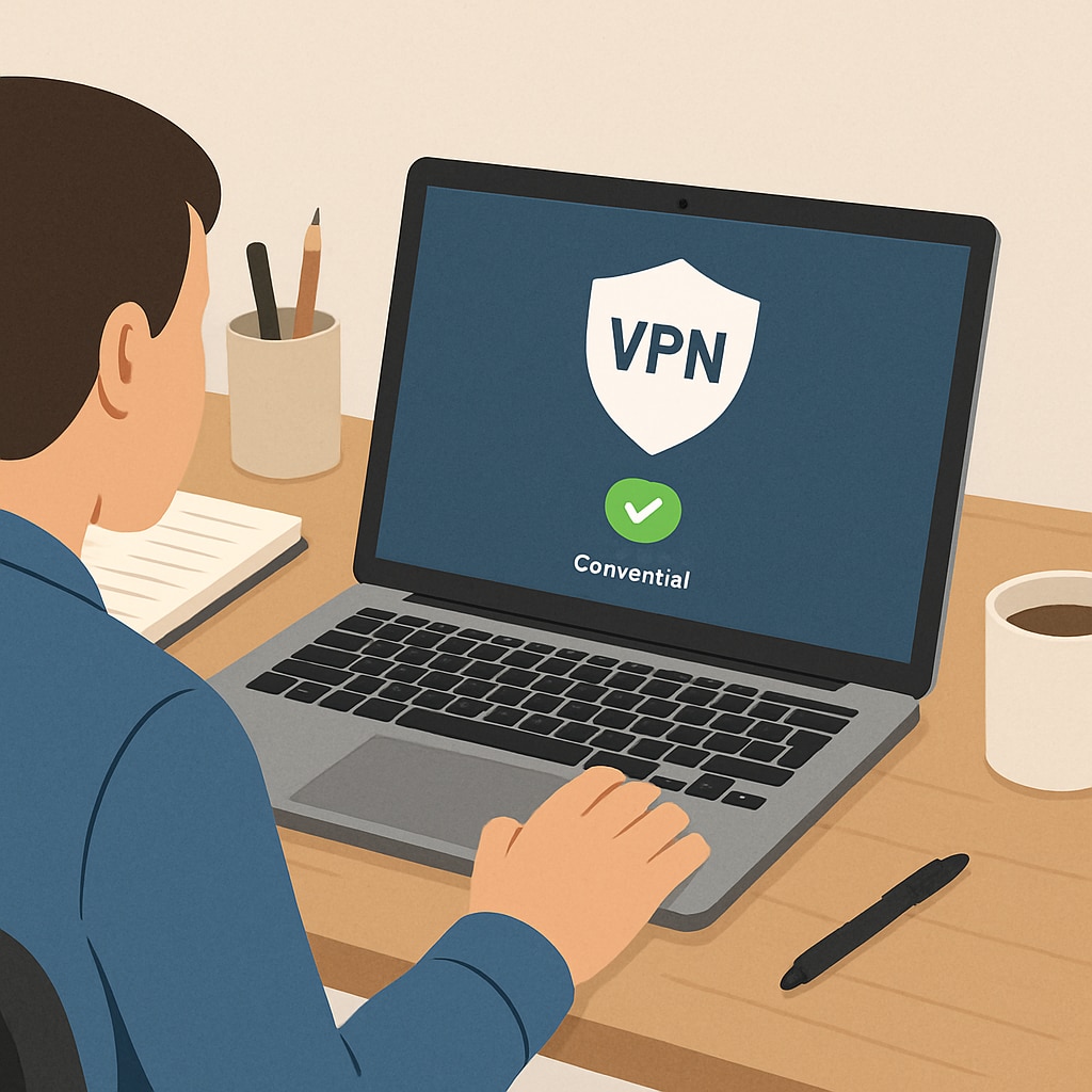 A stock image depicting a person using a laptop with a VPN interface visible on the screen, symbolizing digital privacy. Person using a VPN on a laptop, representing privacy concerns under the UK age verification law.