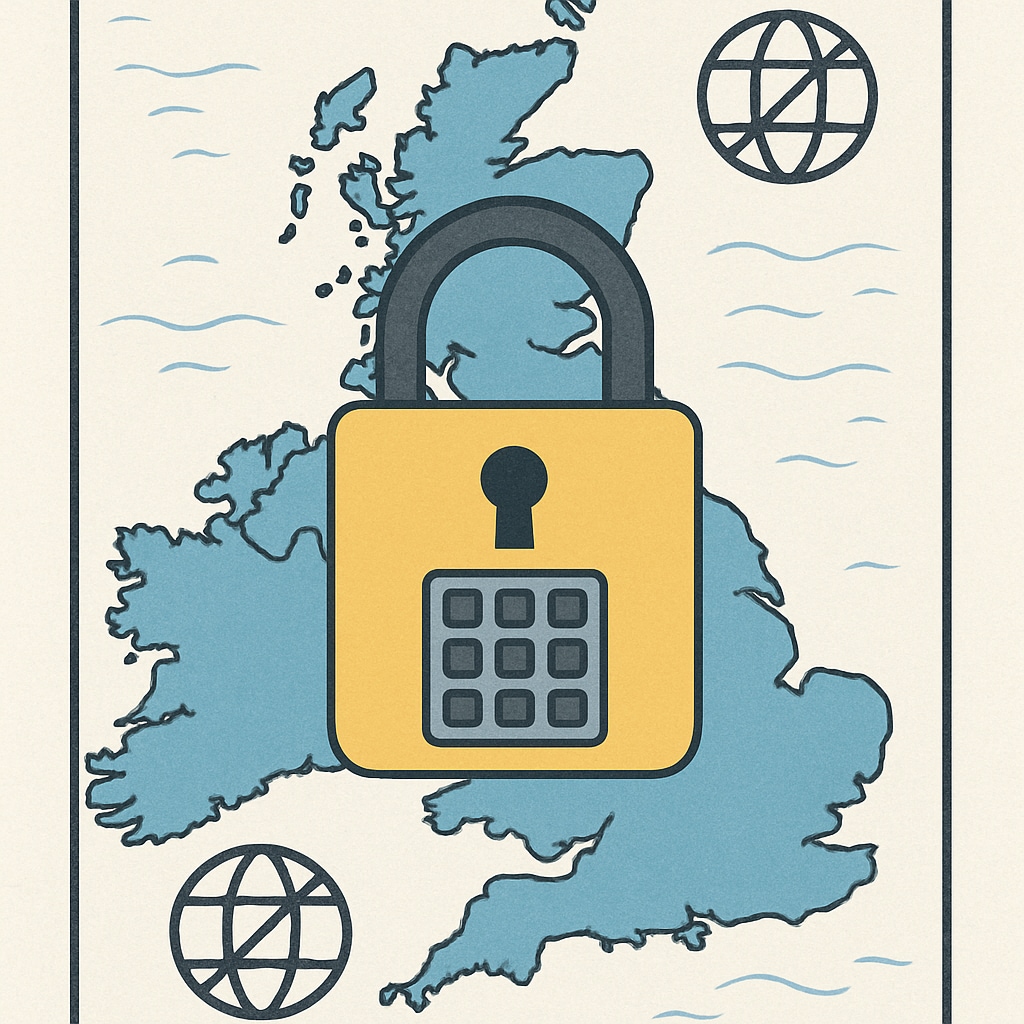 A conceptual image showing a digital lock over a map of the UK, representing internet restrictions and cybersecurity. Digital lock over the UK map, illustrating internet restrictions and VPN usage.