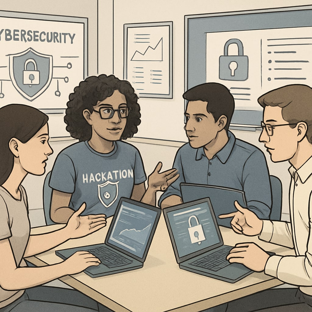 A group of students collaborating during a cybersecurity hackathon. Students engaging in hands-on cybersecurity training during a hackathon.