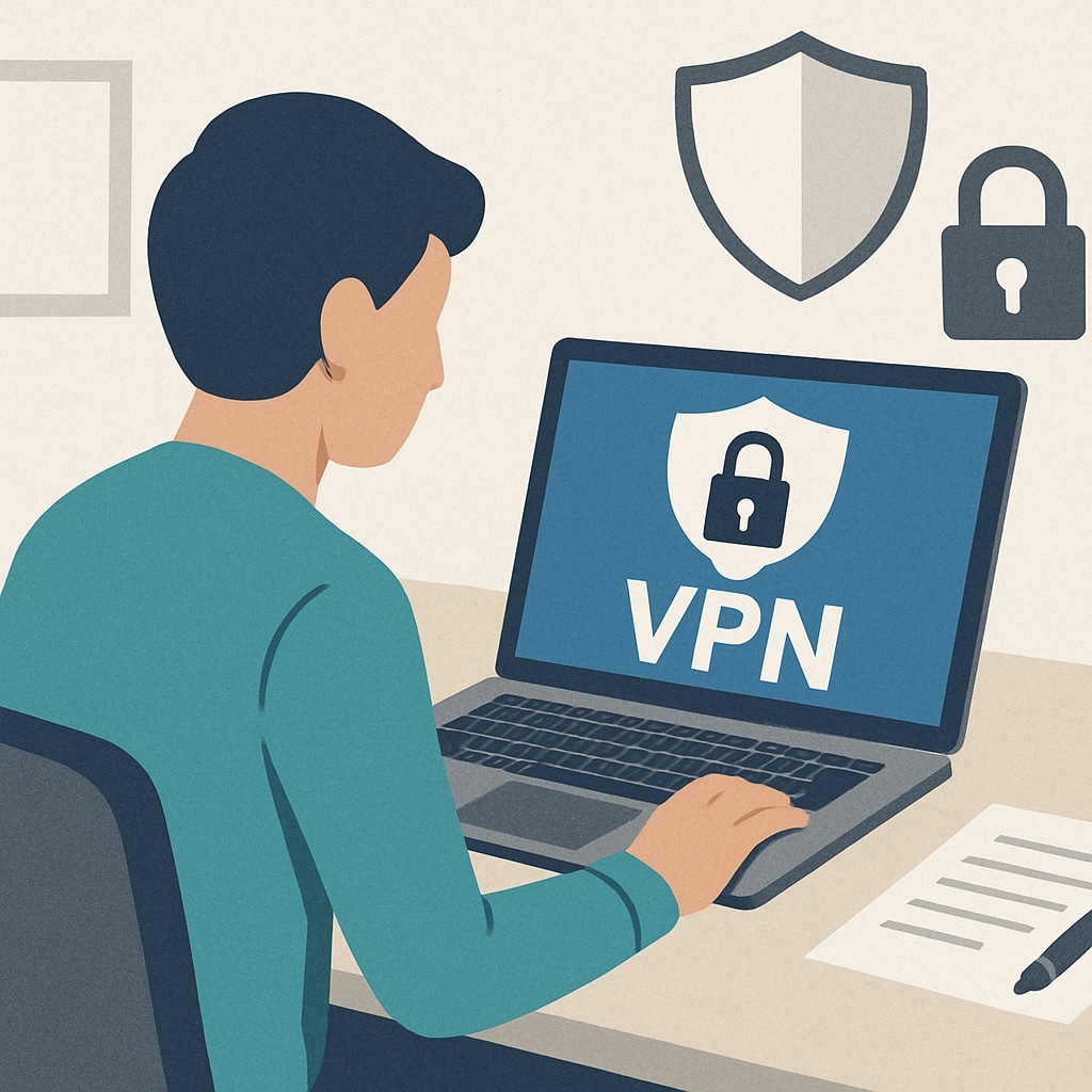 A person using a VPN on a laptop, symbolizing privacy and security concerns associated with the UK age verification law. A person using a VPN on a laptop, representing privacy concerns under UK age verification law.