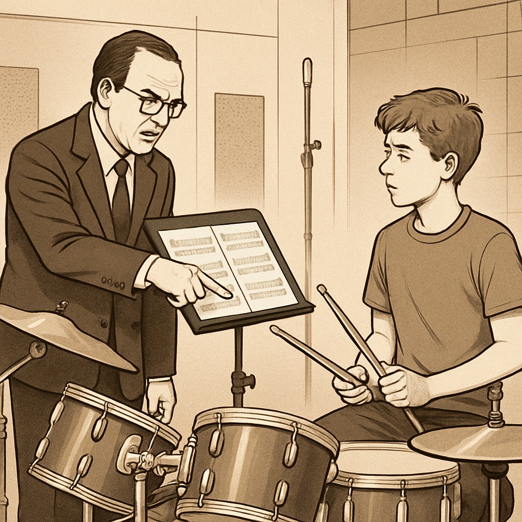 A tense scene from Whiplash showing Fletcher critiquing Andrew in a rehearsal, symbolizing the conflict of strict teaching and mental health. A scene from Whiplash depicting Fletcher pushing Andrew toward perfection through strict methods.